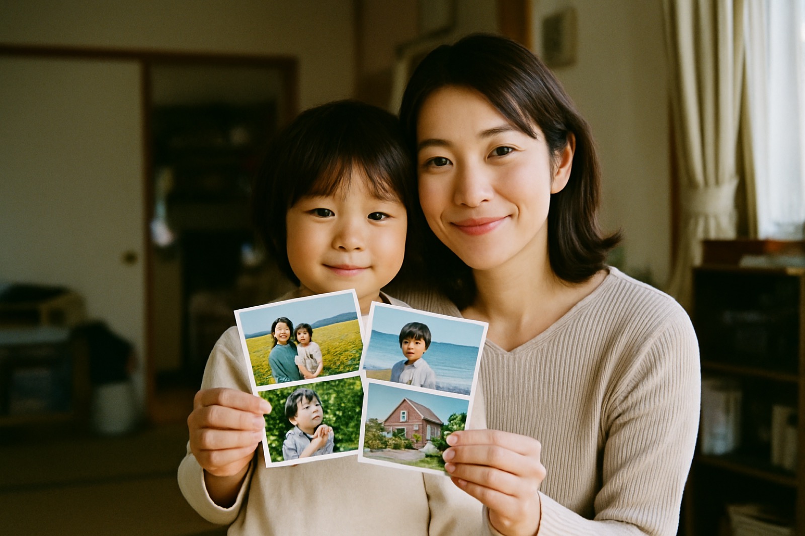 家族でプリントした写真を見せ合う様子